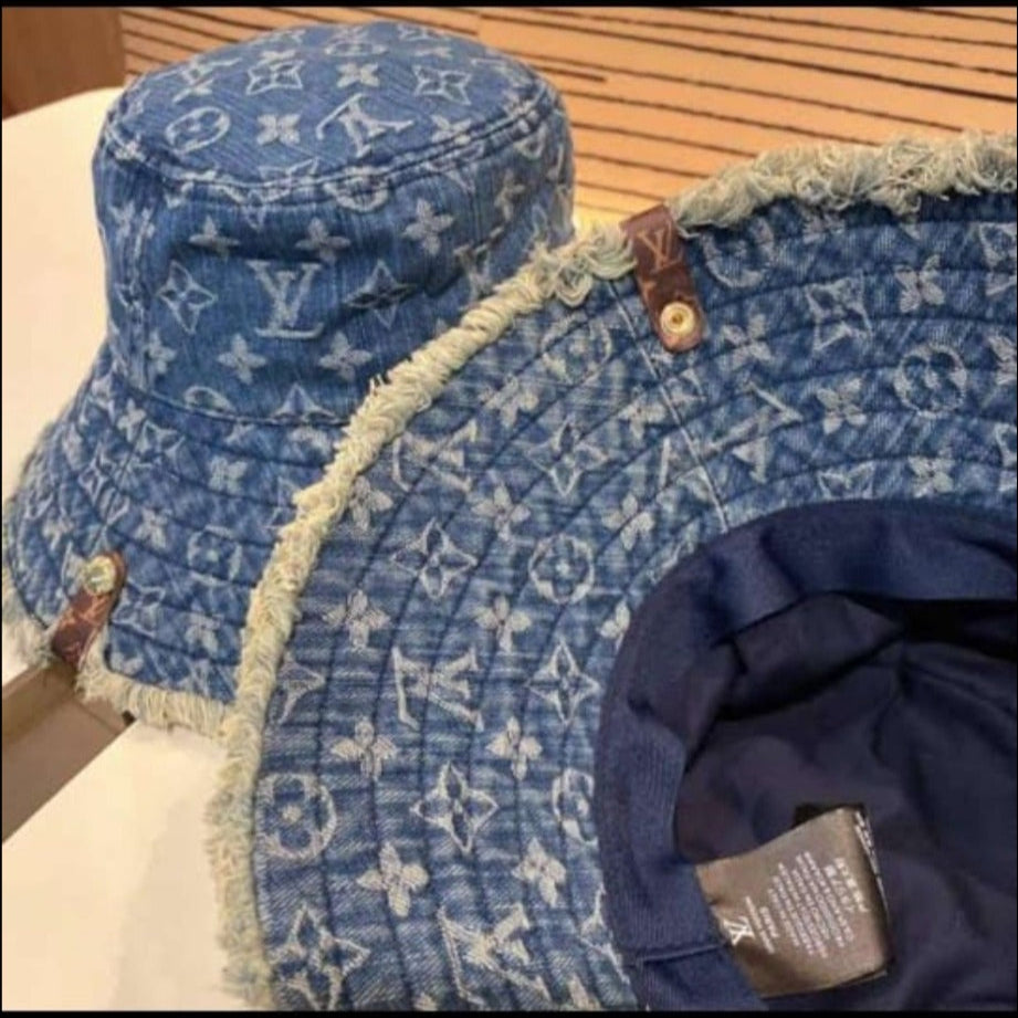 LV Luxury-Inspired Denim Monogram Bucket Hat – Frayed Edge Detail
