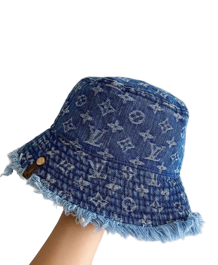 LV Luxury-Inspired Denim Monogram Bucket Hat – Frayed Edge Detail