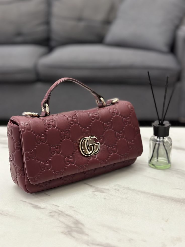 GG Burgundy Embossed Chain Shoulder Bag