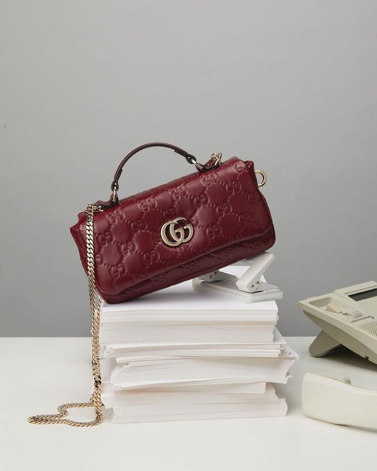 GG Burgundy Embossed Chain Shoulder Bag