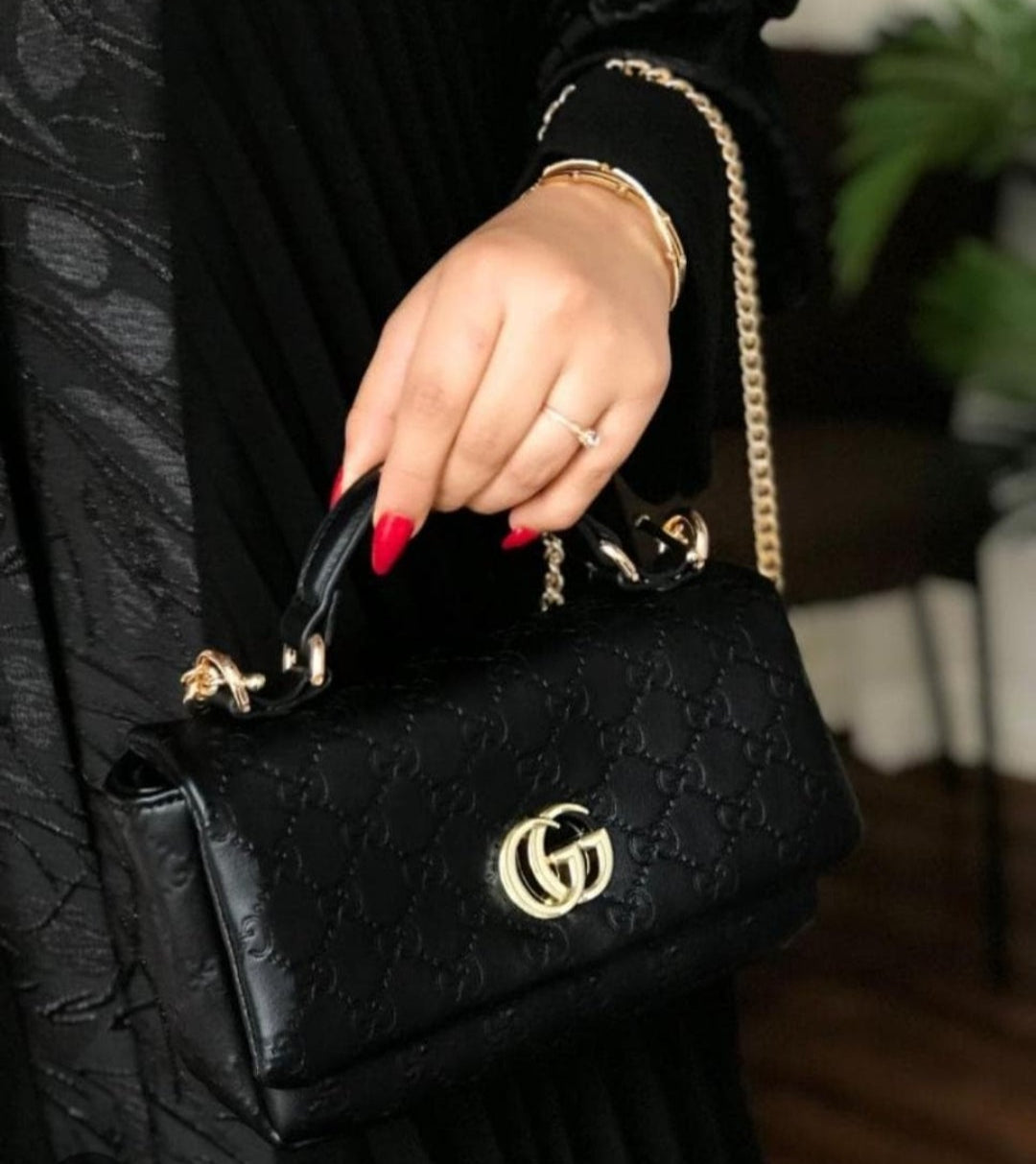 Luxury-Inspired Quilted Top Handle Bag – Black & Gold (With Box)
